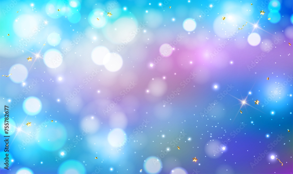 Fantastic night fantasy sky background with bokeh light and gold glitter confetti. Fairy Tale Space. Frozen light blue vector landscape. Blurred glow lights. Magical night holidays. Night Sky. Vector