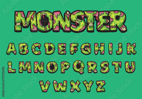Alphabet text graffiti in monster zombie style. vector