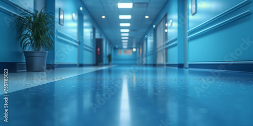 Hospital empty hallway. Clean and modern clinic interior. Medical background, perfect for health care, medicine, clinic or hospital website. 