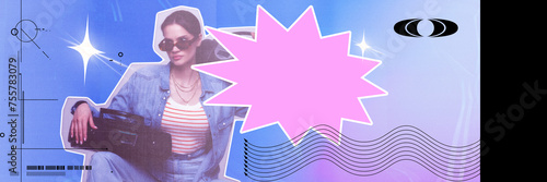 Woman in denim jacket with boombox, styled with geometric and abstract shapes in the background. Concept of y2k art, generation z youth culture, fashion and lifestyle photo