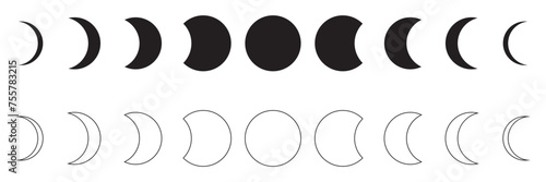 Moon phases astronomy icon silhouette symbol set. Full moon and crescent sign logo. Isolated on white background. Vector illustration. EPS 10