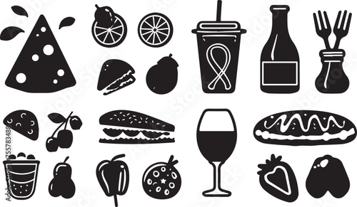 Food and drink icons set vector black outline logo white background	
