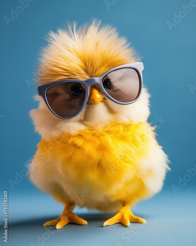a chick in glasses on a blue studio background