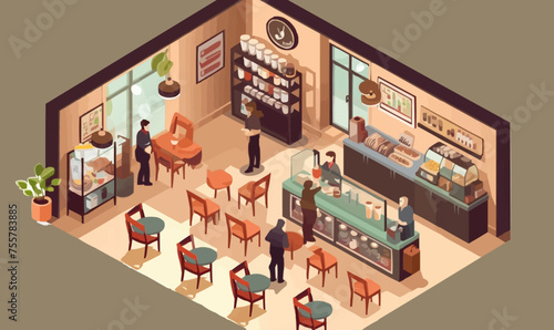coffee shop interior isometric vector flat isolated illustration