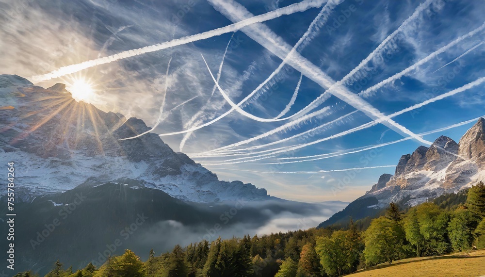 chemtrails, contrails from airplanes in the sky, landscape, clouds, water, nature, air pollution, danger, chemicals, environmental protection - obrazy, fototapety, plakaty 