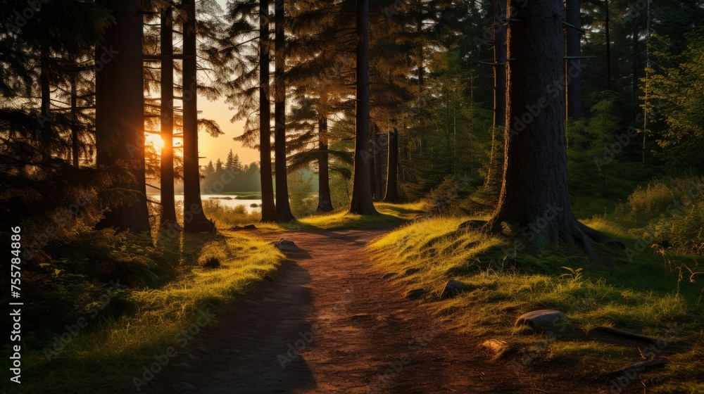 Naklejka premium Tranquil forest pathway illuminated by the setting sun's rays