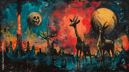 Horror-Themed Oil Painting Deer in Post-Apocalyptic Eclipse Amidst Radioactive Contamination