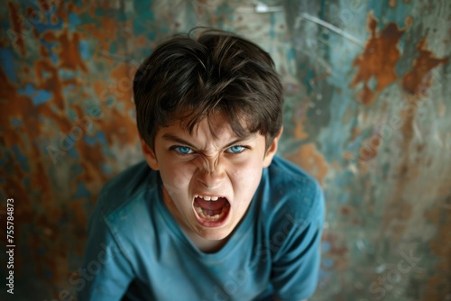 Angry irritated boy. Full of rage. Emotional portrait of an upset preteen boy screaming in anger. Requirements for parents. Wrong perception. Hysterics. photo