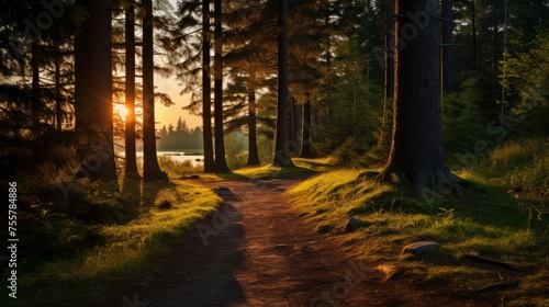 Tranquil forest pathway illuminated by the setting sun's rays