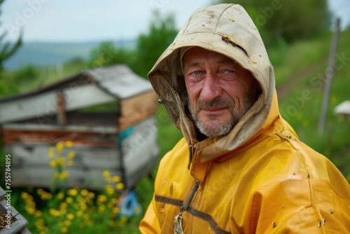 beekeeper in a white hat covering his face with a net. male portrait. Behind there is a blue-green wooden apiary. green grass around. place for text. banner. Beekeeping