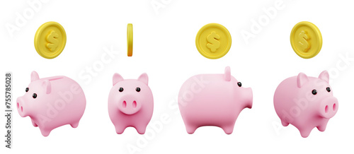 Set of piggy banks and gold coins falling, 3D realistic moneyboxes in the form of a pink pig, vector money safe storage photo