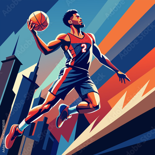 Vector illustration of a basketball player flying with the ball in his hands