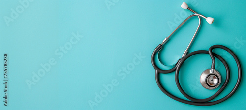 Medical background, stethoscope on blue background with copy space