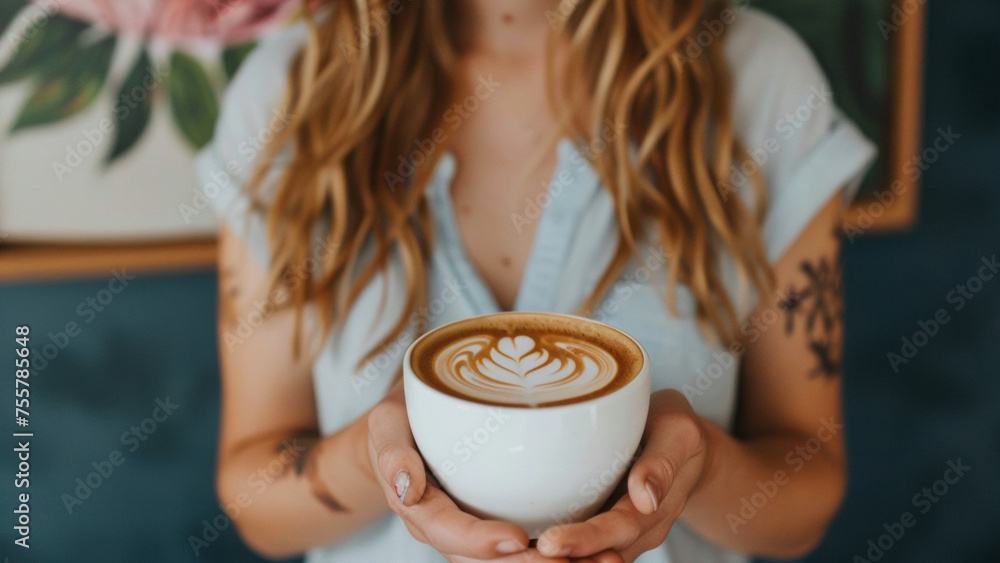 Tattooed hands presenting a perfect cup of cappuccino. Tattooed hands presenting a perfect cup of cappuccino.