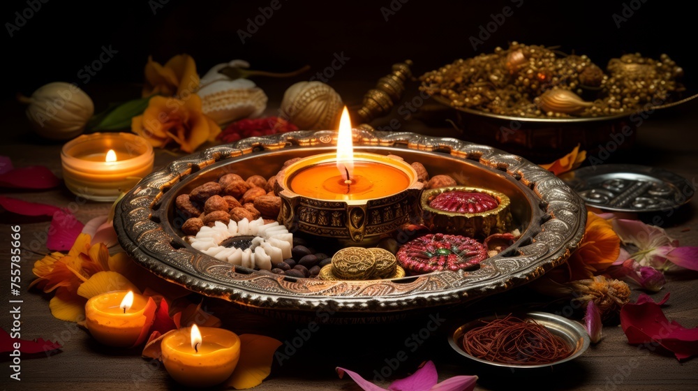 Diwali puja thali with sacred symbols