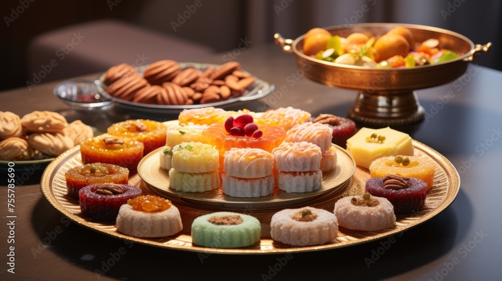 Diwali sweets and desserts in elegant platters Diwali sweets and desserts in elegant platters