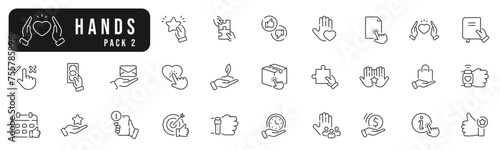Set of hands line icons pack 2. Point, finger, book, handshake, document etc. Editable stroke