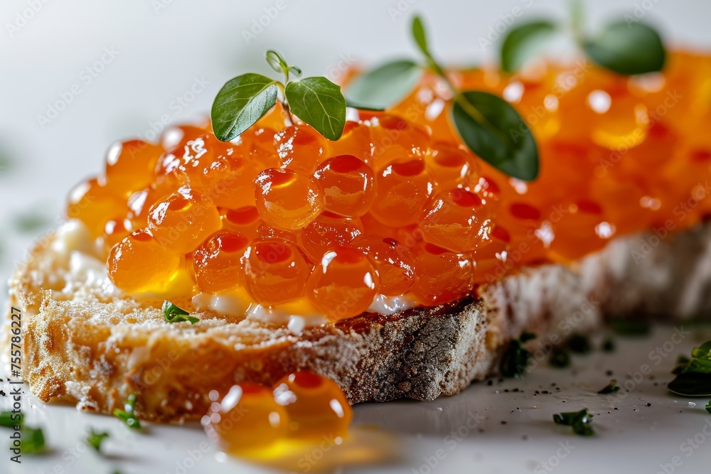 Juicy red caviar served atop a creamy spread on a toasted bread slice, garnished with fresh green basil Juicy red caviar served atop a creamy spread on a toasted bread slice, garnished with fresh green basil