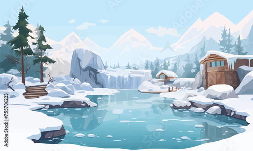 Thermal Hot Springs in Winter vector flat isolated vector style illustration