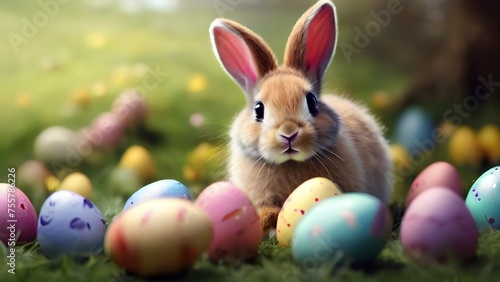 A cute, fluffy Easter bunny sits amidst a collection of vibrant, speckled Easter eggs scattered across a sunlit field, symbolizing new beginnings and joy.