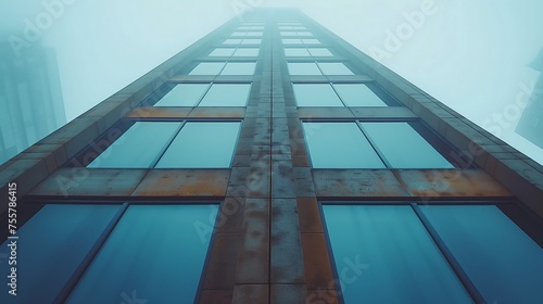 Misty Skyscraper Facade with Blue Glass Windows