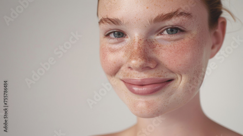 Portrait of a young woman with freckles smiling warmly against a white background.