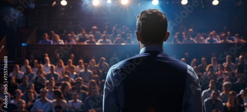 A man in business attire stands on stage facing an audience of many people who have come to listen and learn from him Generative AI