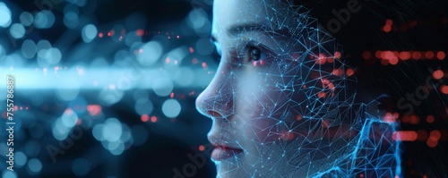 Digital of a woman's face with futuristic face technology, identity scanning, symbolizing futuristic concepts and biometrics.