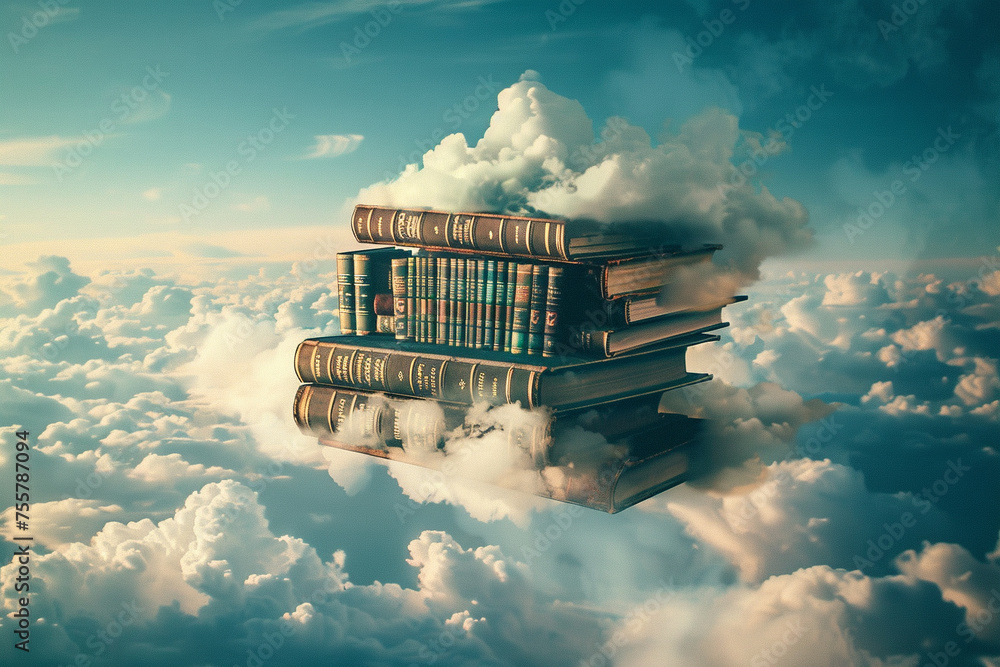A floating library where books can fly - obrazy, fototapety, plakaty 