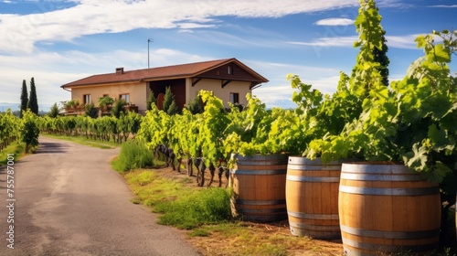 Pension amidst a vineyard with rows of grapevines and wine barrels