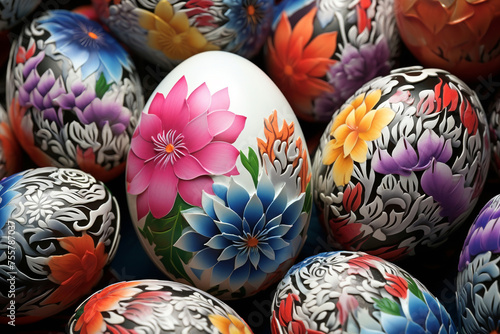 Generative ai on theme celebration holiday Easter with bright eggs are main accessory at abstract background