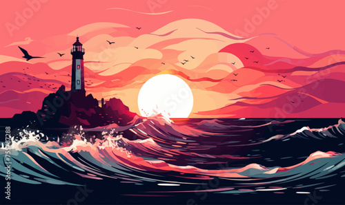 lighthouse silhouette wave design illustration template vector