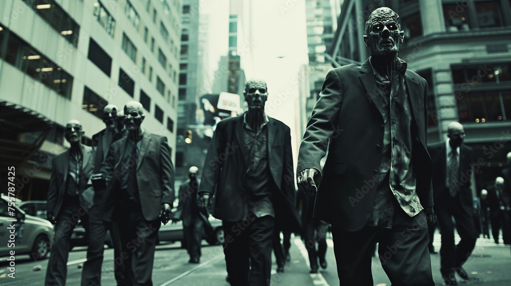 Businessmen zombies in a relentless pursuit of profits