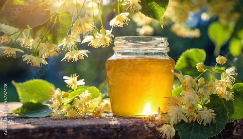 Glass jar of honey and linden flowers. Organic and sweet product. Morning sun light in garden.