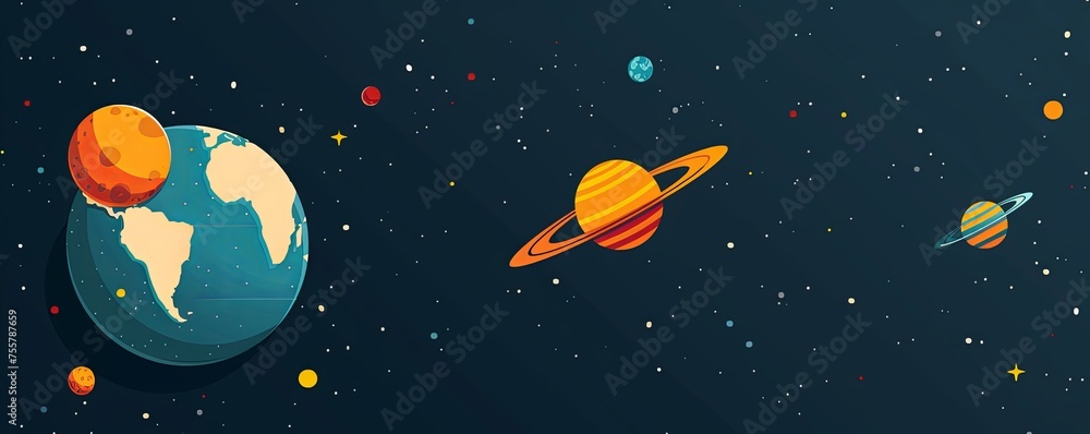 Earth planet orbit on solar system universe, moon, stars flat cartoon design,