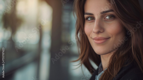 Warm, engaging smile of a woman framed by soft-focus urban scene.