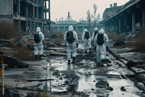 a group of people or scientists in a chemical protective suit with a protective mask on their face in a pollution zone, an ecological urban disaster