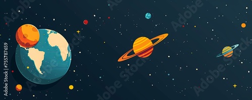 Earth planet orbit on solar system universe, moon, stars flat cartoon design, © jirayut