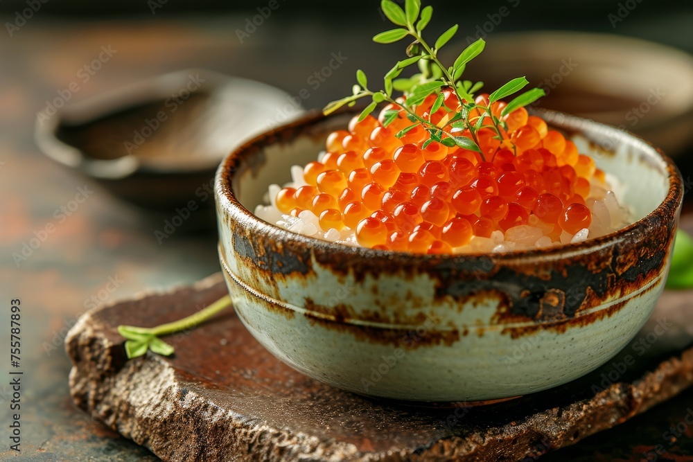 Gourmet bowl filled with radiant red caviar on rice, garnished with vibrant greenery, presented on a rustic wooden surface with an artisanal touch Gourmet bowl filled with radiant red caviar on rice, garnished with vibrant greenery, presented on a rustic wooden surface with an artisanal touch