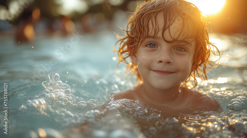 portrait of a child swimming in the pool of a water park. concept of vacation  active lifestyle