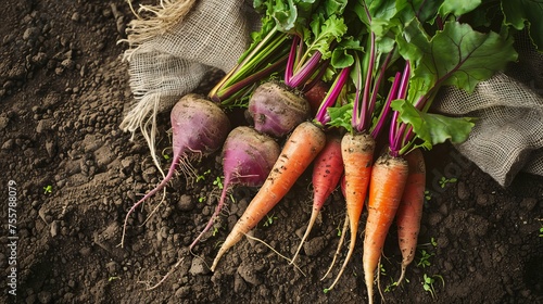 group of freshly harvested vegetables, including carrots and beetroots, laid on the ground. Autumn harvest of organic vegetables photo