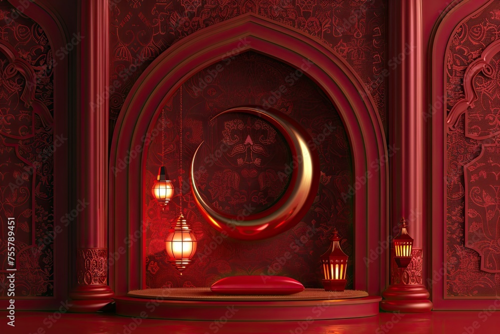 burgundy islamic desktop wallpaper background with crescent moon and elegant lantern 