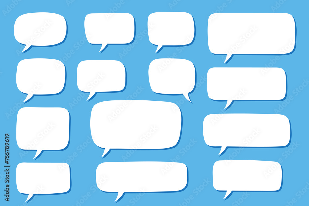 Set of hand drawn speech bubbles in rectangular shape. Speak bubble for text, cartoon chatting box, message box. Blank empty white speech bubbles. Set of hand drawn speech bubbles in rectangular shape. Speak bubble for text, cartoon chatting box, message box. Blank empty white speech bubbles.