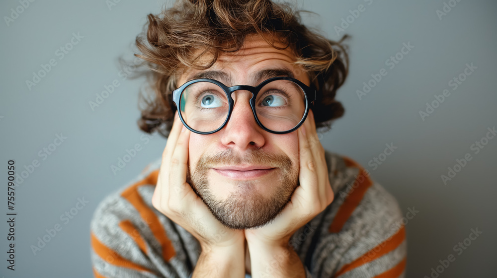 Young man with glasses looking up dreamily. Young man with glasses looking up dreamily.