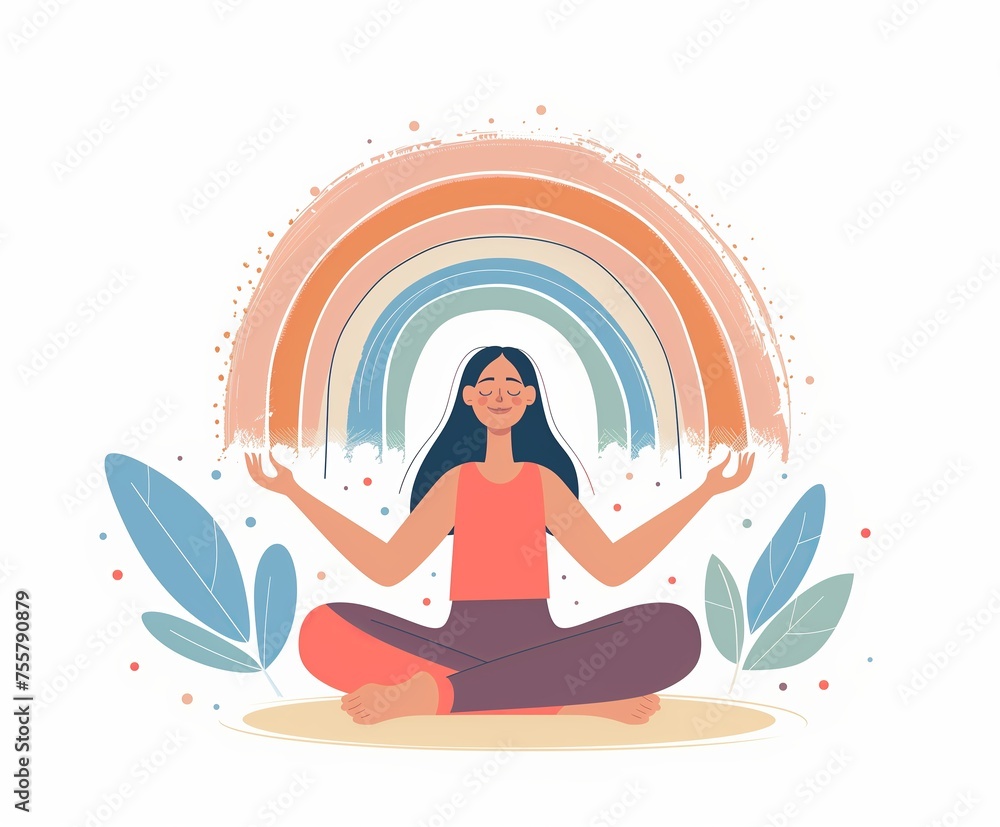 Woman in Serene Meditation Pose with Colorful Rainbow Aura Illustration Woman in Serene Meditation Pose with Colorful Rainbow Aura Illustration