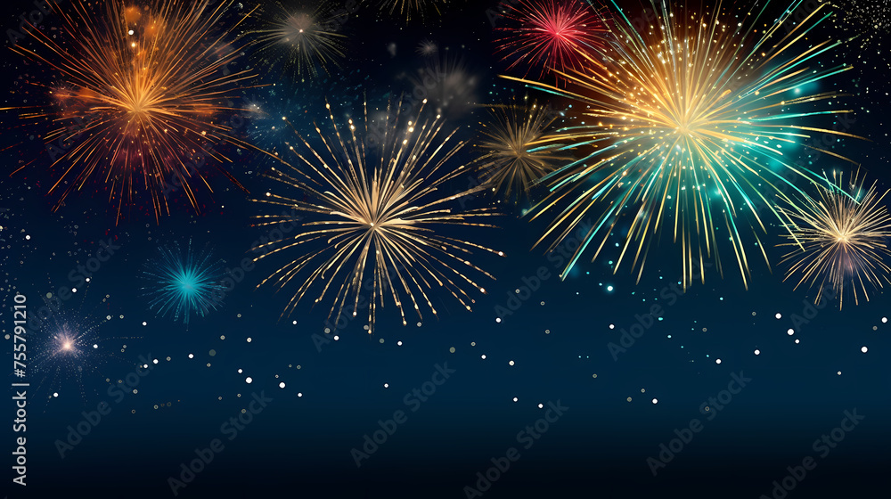 Naklejka premium Happy New Year, burning fireworks with bokeh light background