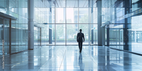 Silhouette of a businessman walking in a contemporary office building interior with glass walls and futuristic design concept