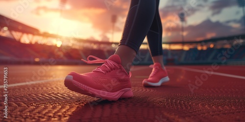 Close-up on a Runner's Shoes at Dusk on a Track Field with Dramatic Sunset Lighting