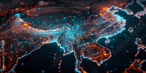 High-Tech Digital Network Visualization Over the Asian Continent
