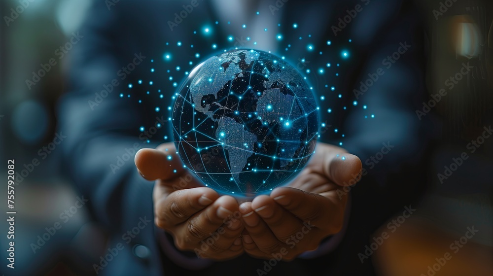 Fototapeta premium Man in suit holding digital Earth planet, blue hologram of global network.